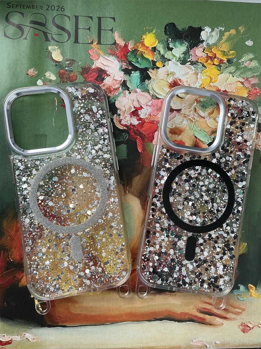 Glitter MagSafe-Compatible Clear iPhone 16 Pro Case with Silver & Black Accents